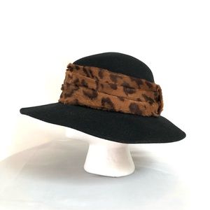 Sonni of San Francisco LANCASTER Wide Brim Black Wool Hat w/ Faux Fur Band